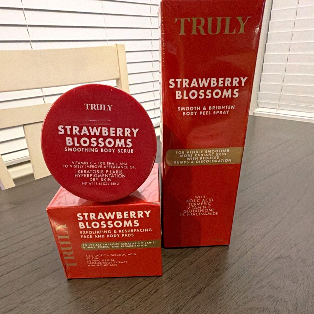 Truly Strawberry Blossoms Exfoliating Set Scrub, Face/Body Pads, Peel Spray